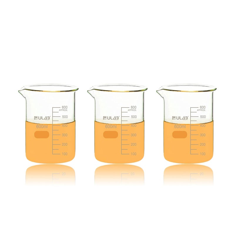 ULAB Scientific Glass Beakers, Vol. 600ml, 3.3 Borosilicate Griffin Low Form with Printed Graduation, Pack of 3, UBG1039 - Image 1